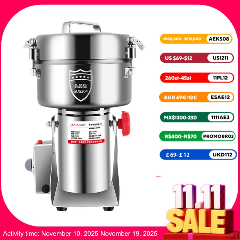 110V/220V 2500g Powder Machine Grinder Home Commercial Medicinal Herbs Cereals Spices Miscellaneous Grains Flour Grinder 4500W