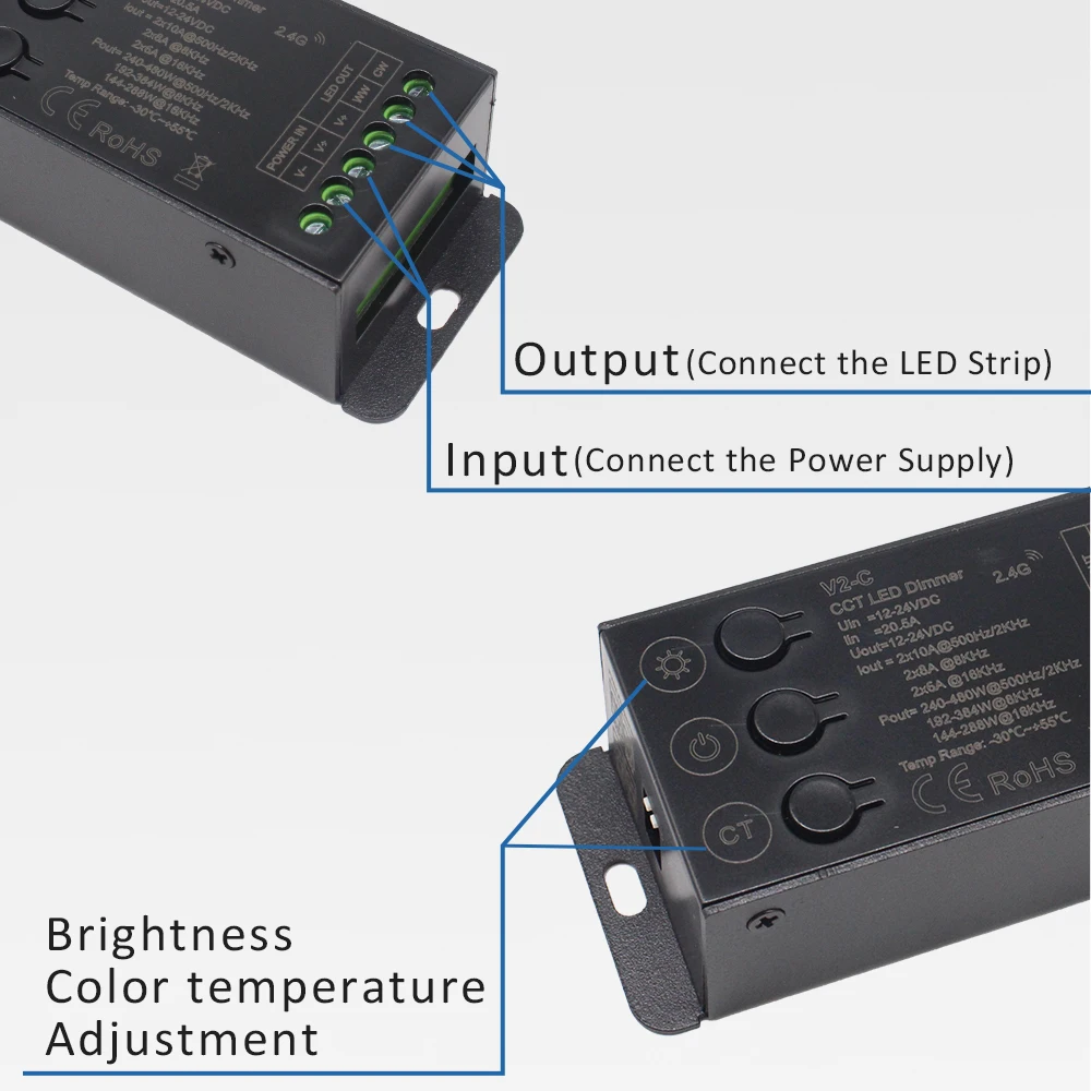 Ccct-LEDストリップライトコントローラー,12v,24 v,2ch,白,色V2-C 5050 2835 cob,2.4g,rf,ワイヤレス,12 24ボルト,調光器