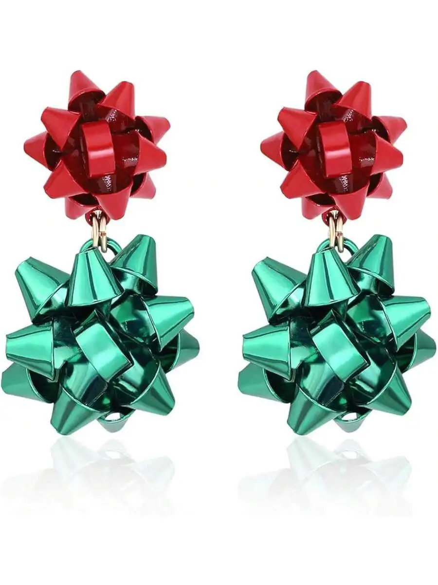 Festive Red Green Bow Dangle Earrings Women Holiday Christmas Party Jewelry