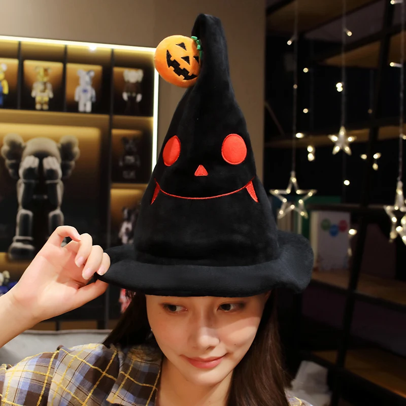 30*30*40CM New Halloween Pumpkin Elf Hat Plush Toys Halloween Party Decor Doll Electric Luminescence Hat  Adult