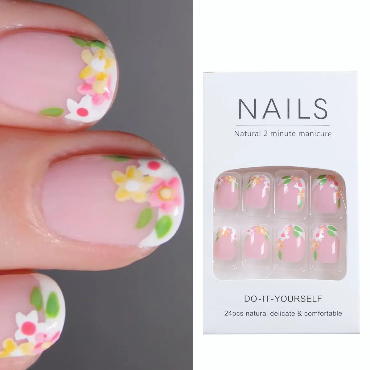 24 teile/schachtel Frühling Stil Acryl drücken auf Nägel Französisch Nagels pitzen volle Abdeckung Blumen blatt falsche künstliche Nägel