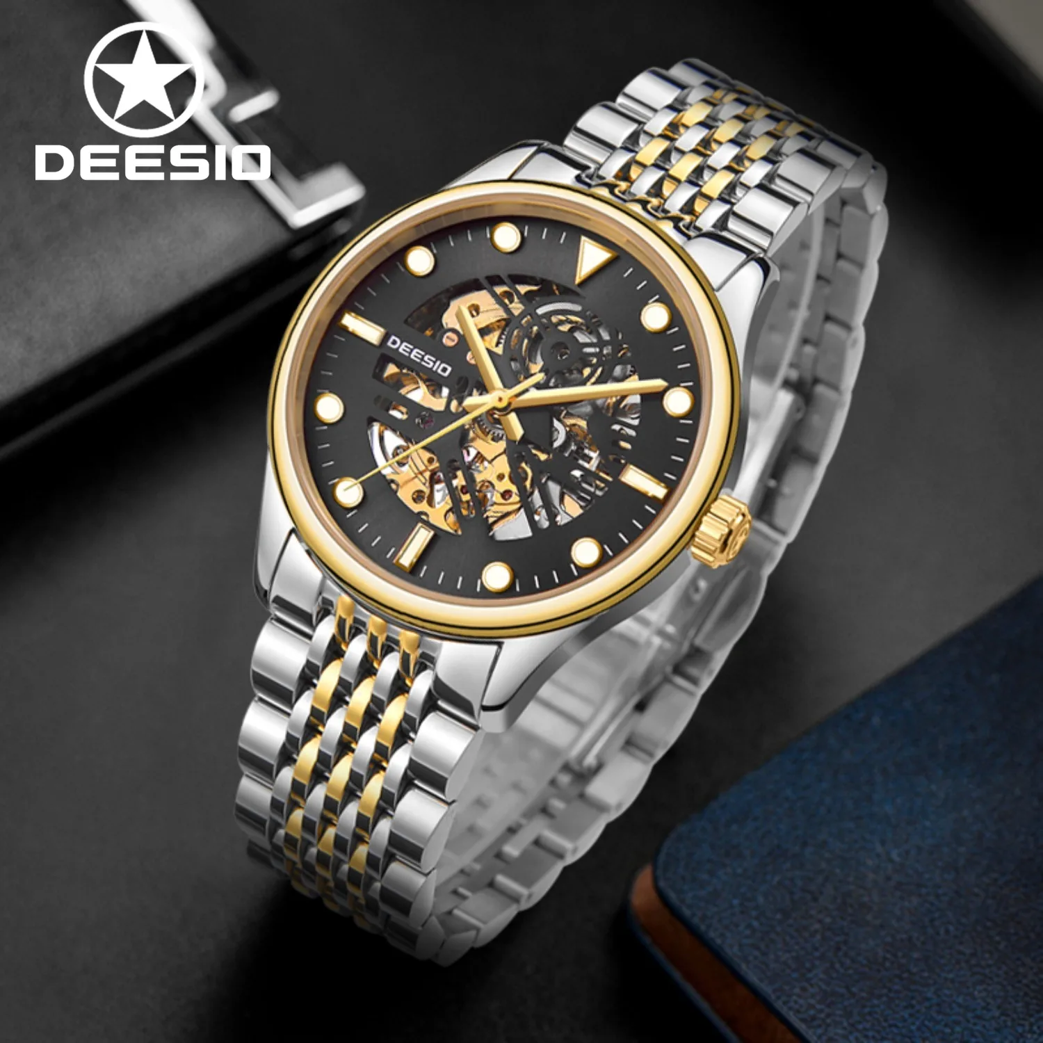 

Deesio Men's Luxury Automatic Mechanical Watch Skeleton Luminous 30M Waterproof Stainless Steel Sapphire Crystal Butterfly Clasp