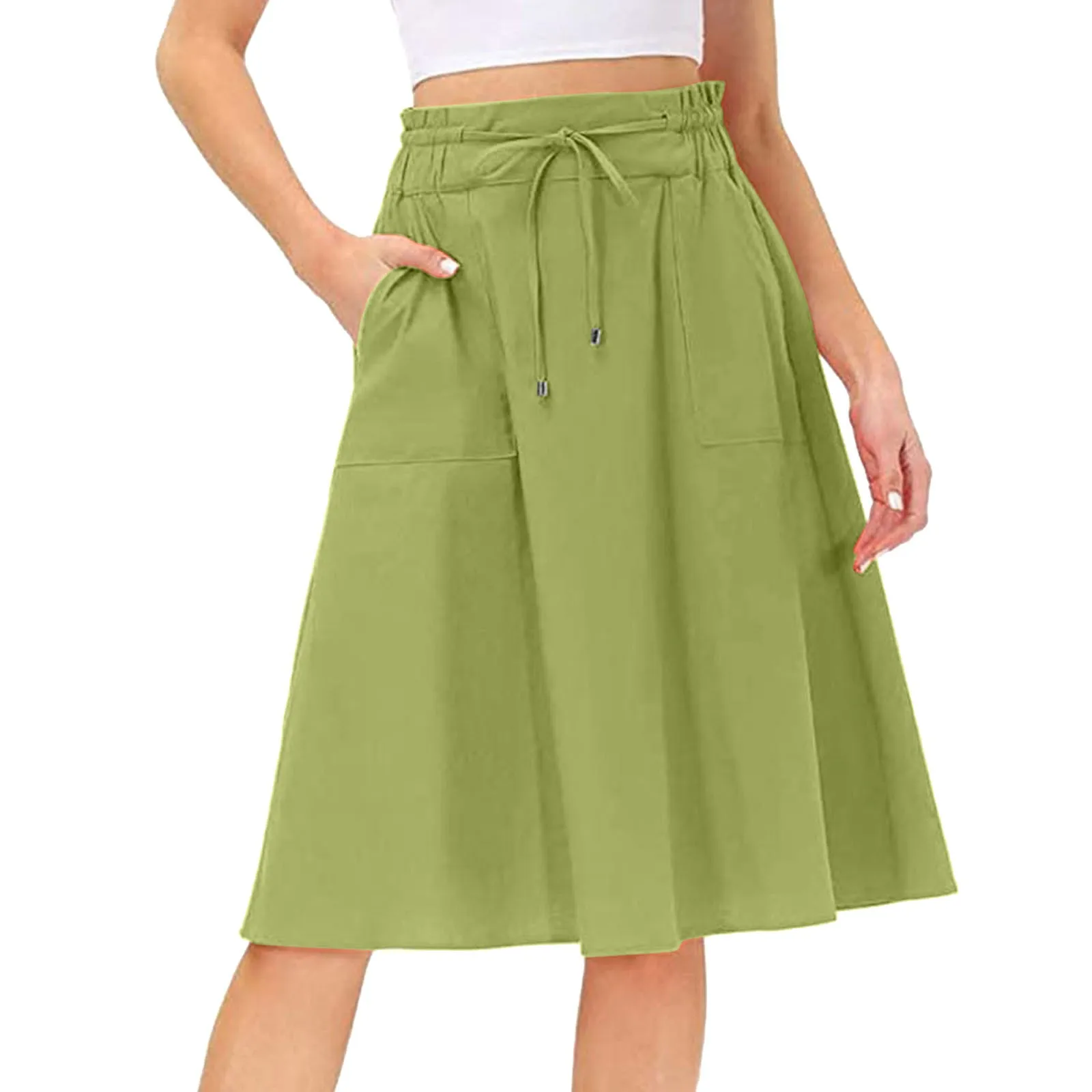 Commuter Half Skirt Female Summer New Fashion Elegant Pockets Elastic High Waist Medium-length Section Tied Cotton Skirt