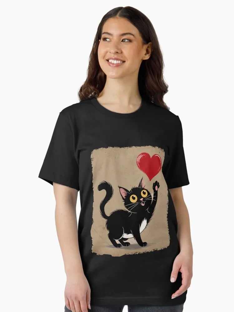T-shirt con stampa cuore gatto nero manica corta girocollo top casual per abbigliamento da donna estivo e primaverile