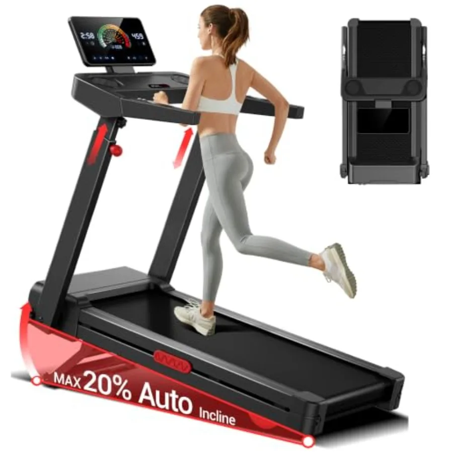 Fitness treadmill with 20 auto incline, foldable running treadmill for home use, steel frame, black finish, space-saving design
