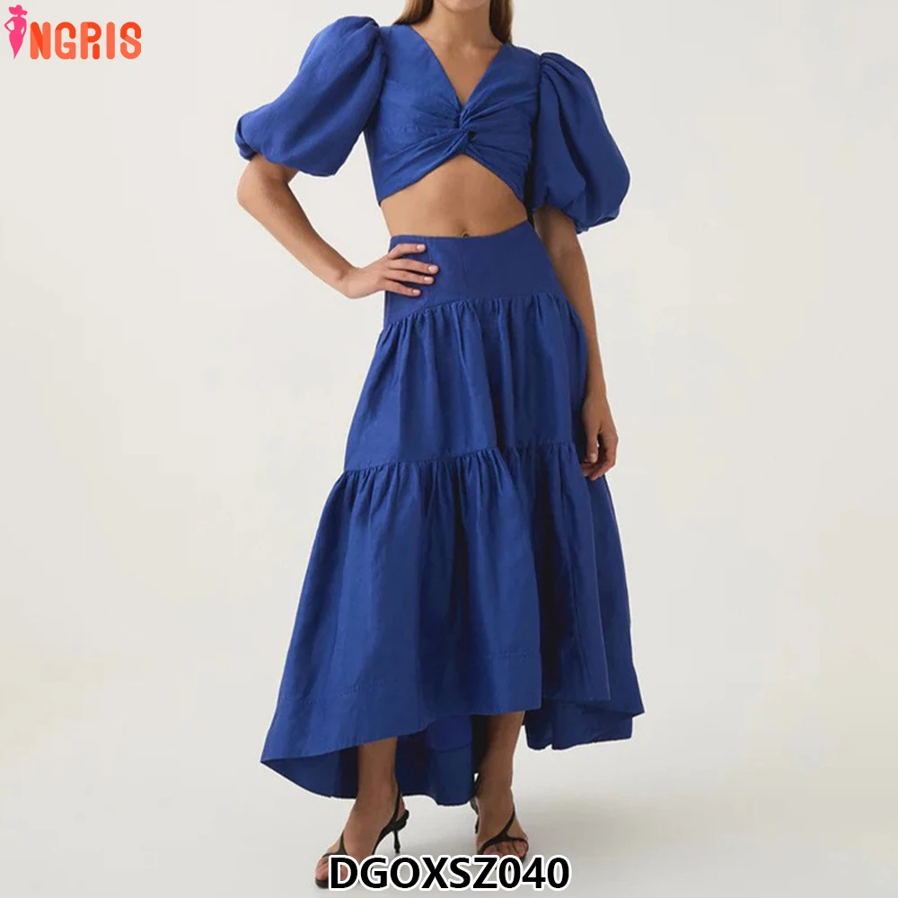 

French sexy summer new style powder puff sleeve twist waist high waist skirt solid color women's two-piece suit-DGOXSZ040
