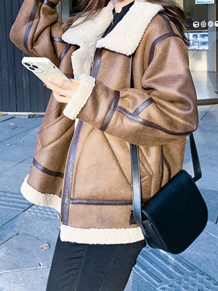 Women Warm Winter Faux Fur Suede Leather Lambswool Spliced Parkas Coat Shearling Bomber Jacket Zipper Sheepskin Moto Outwear