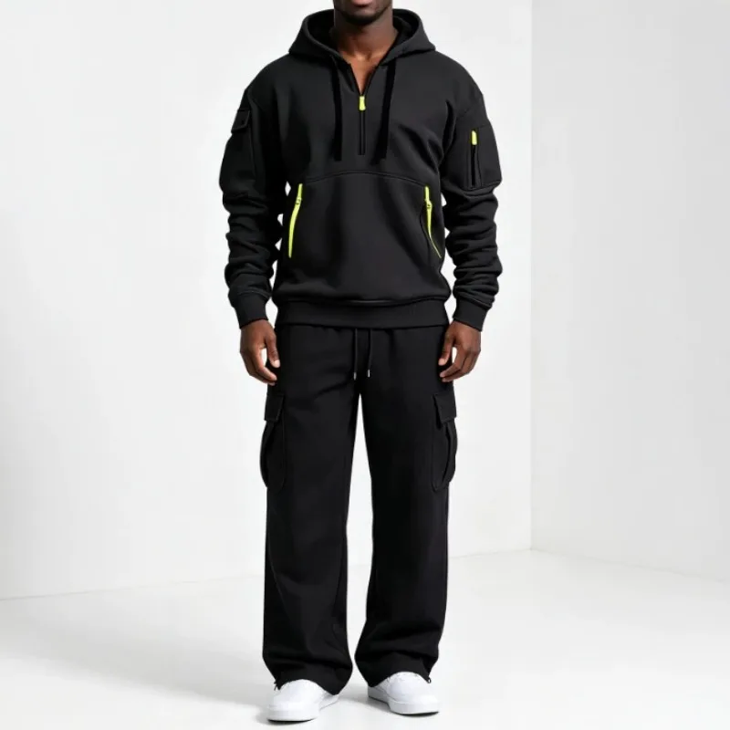 Men Hoodie Sweatshirt Set Half Zip Multi Pocket Hooded Top And Cargo Pants Two Piece Set