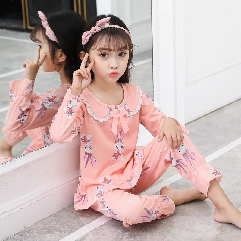 3-14 Year Wear  Girl Autumn Spring Long Sleeve Cotton Pajamas Sets Cute Print Girl Sleepwear Set Kid Home Wear Christmas Gift