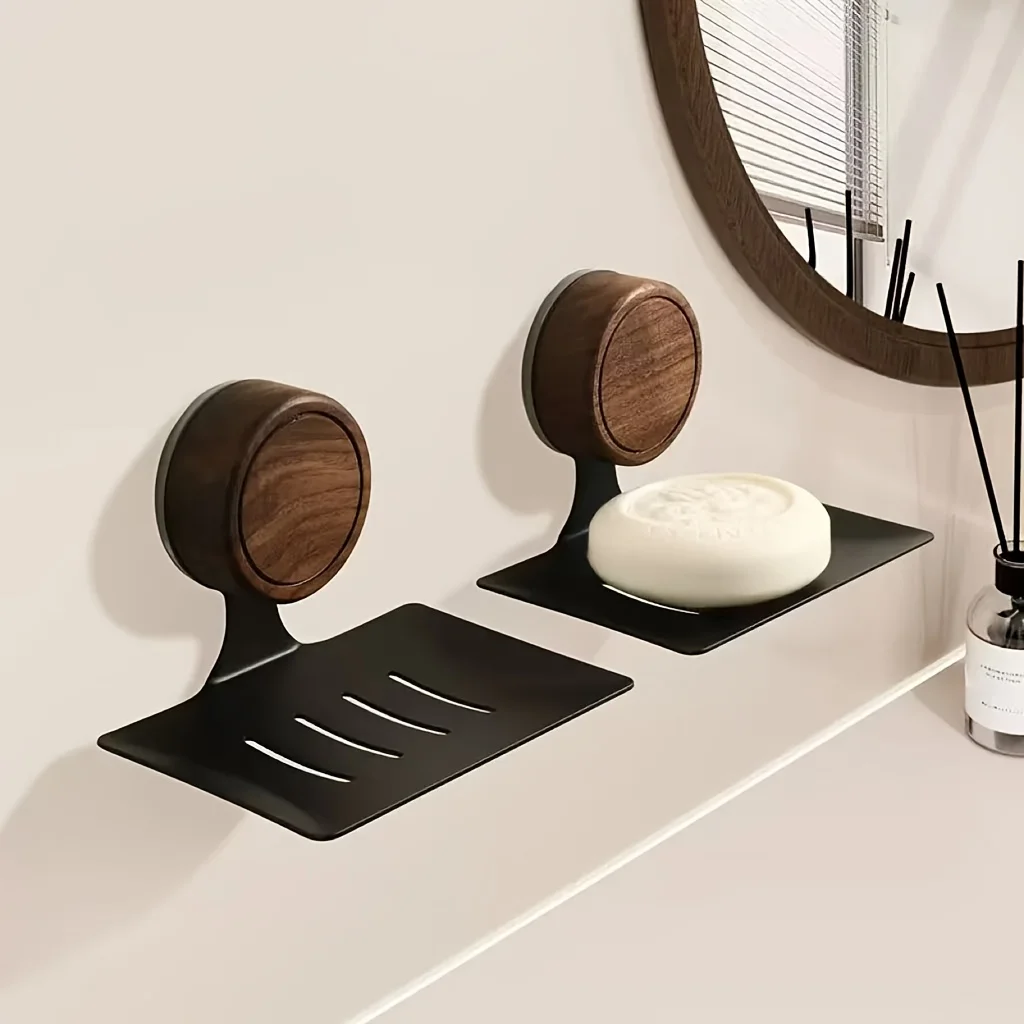 

Walnut Wood Wall Mounted Soap Dish Holder - Creative No Drill Bathroom Soap Box with Drainage Hanging Hook for Shower
