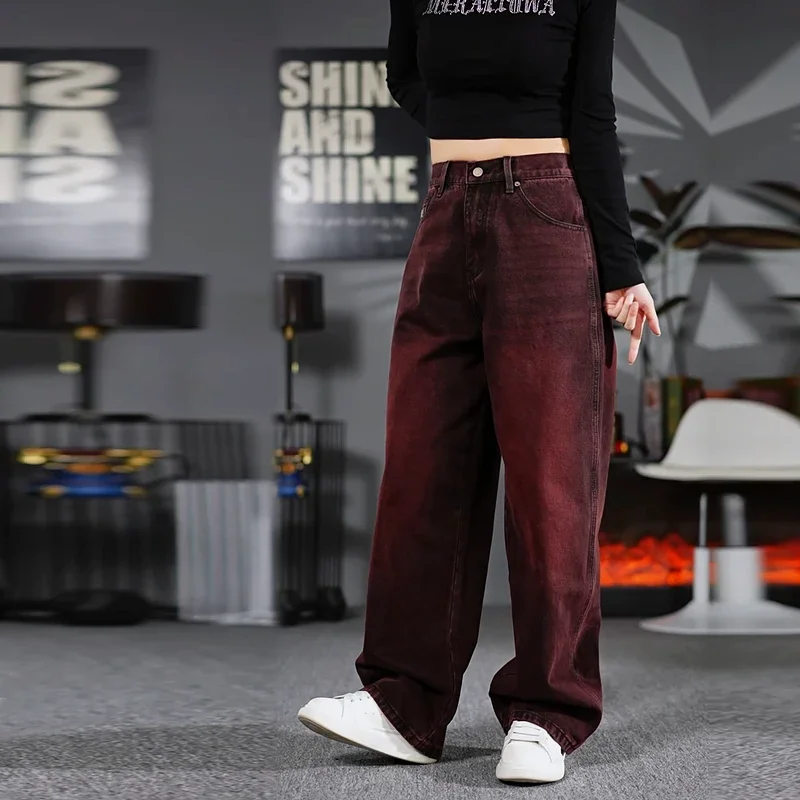 

Loose Straight Leg Jeans Men's Black Red Retro American Casual Cotton Denim Trousers Autumn Winter Fashion Urban Style