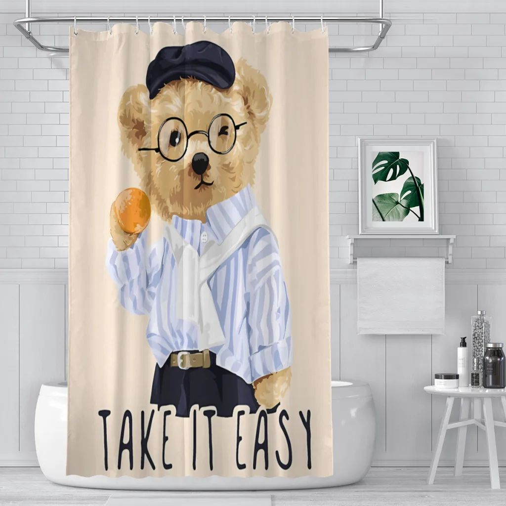 Take It Easy Shower Curtains Teddy Bear Waterproof Fabric Creative Bathroom Decor with Hooks Home Accessories