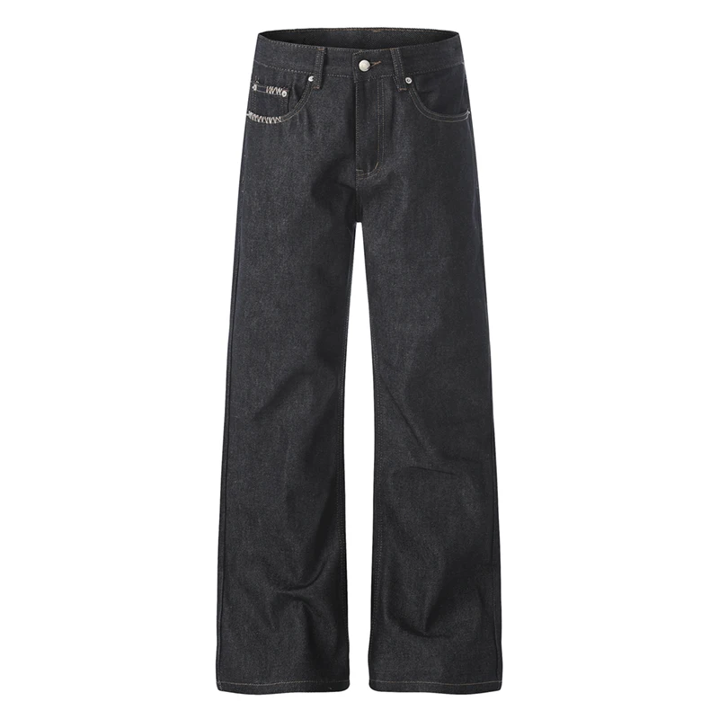 Premium Men's Wide Leg Jeans Casual Minimalist Black Denim Contrast Stitching Slim Relaxed Fit High End Basic Pants