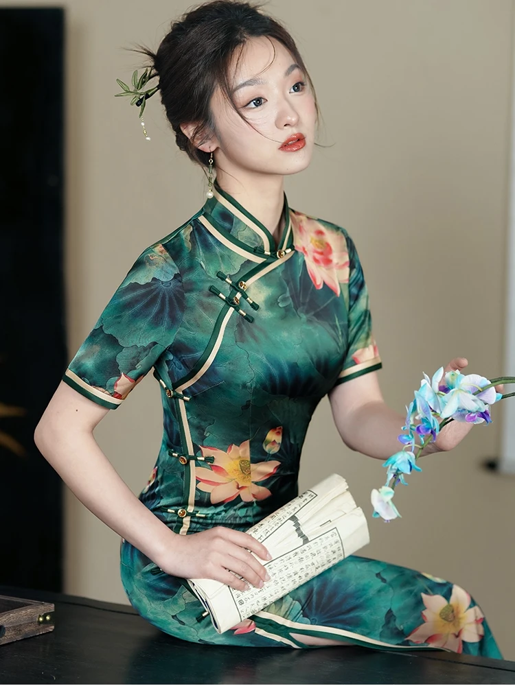 

Ele Young anghai Sle ort Sve Vintage Chinese Faion High Quali Polyester Spandex Daily Wear Low Slit