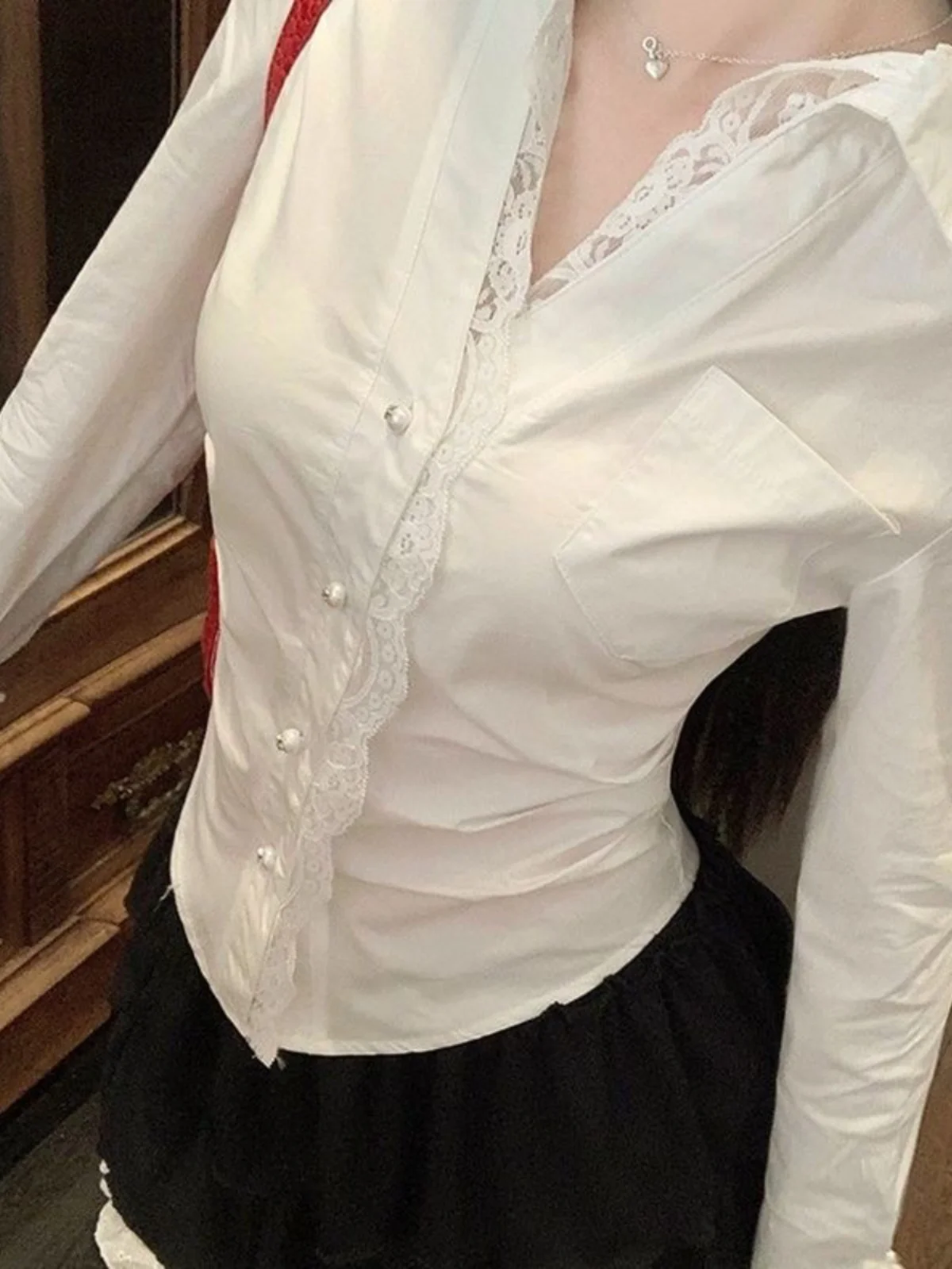 

Женский топ с кружевной отделкой Ele Long Sve irt, облегающий крой на талии, модный воротник с воротником-стойкой и пуговицами