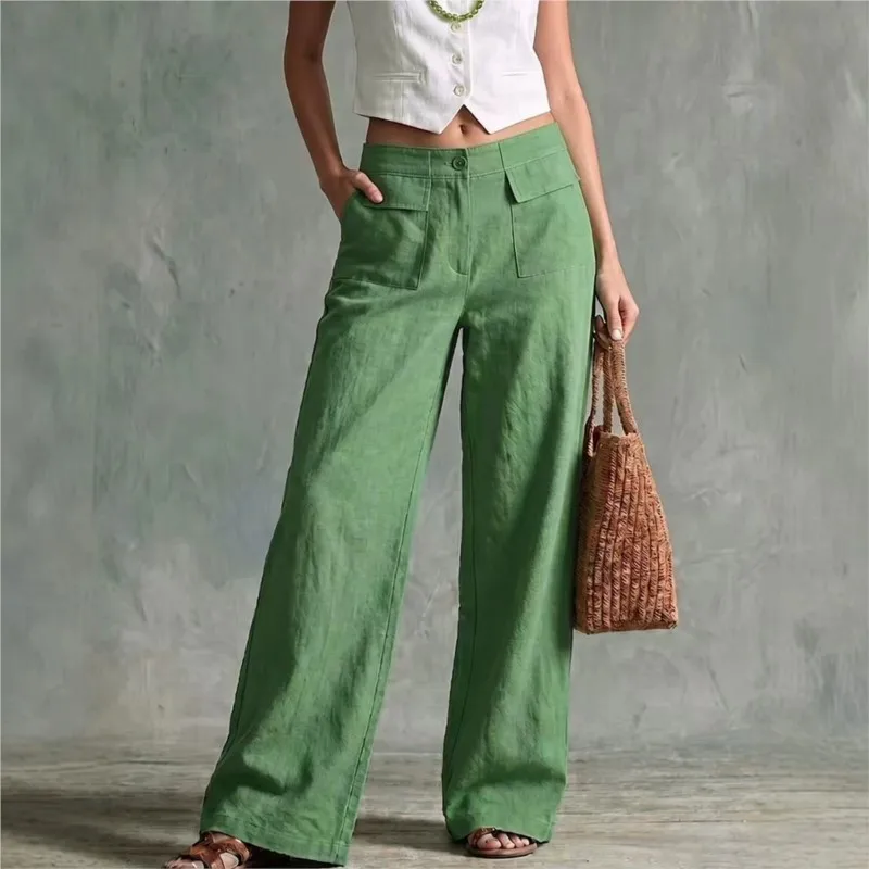 Autumn Women's Cotton Linen Straight Trousers Elastic High Waist Wild Wide Leg Pants Female Spring Solid Loose Linen Casual Pant