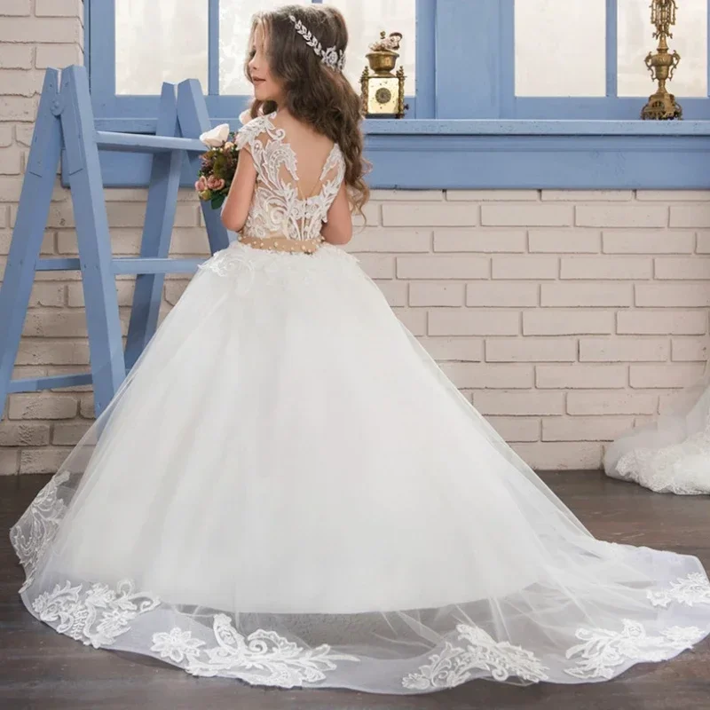 Vestidos da menina de flor rendas apliques florais inchado sem mangas ocasião tule para festa de casamento baile primeira comunhão vestidos