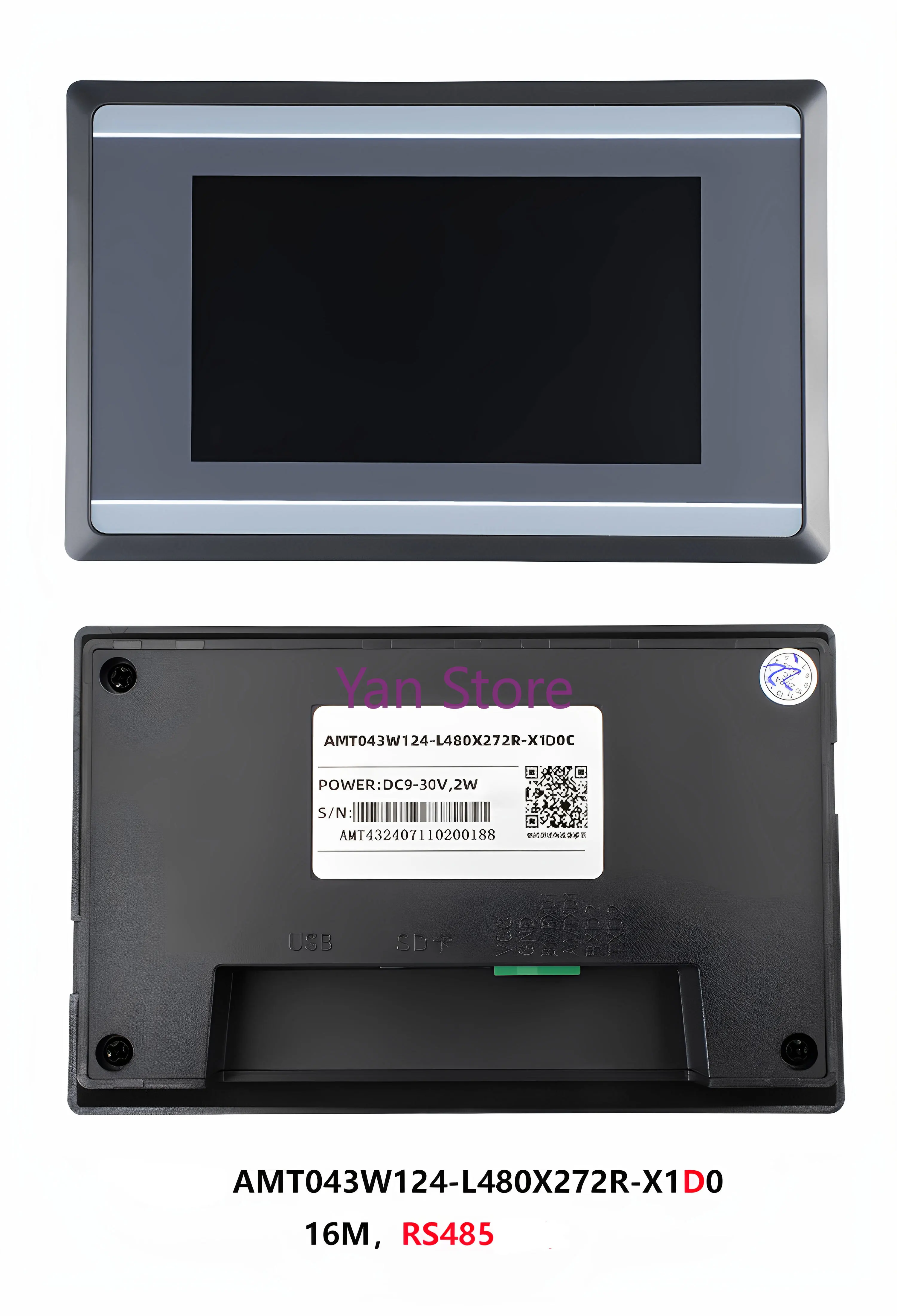 4,3-calowy ekran dotykowy HMI serii AMT043 do przemysłowych sterowników PLC, procesor ARM9, 16M, RS232/RS485, DC9–30V