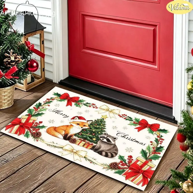 VIKAMA Purple Angel Bow Holly Entryway Rug Non Slip Low Profile Mats for Outside Front Door Xmas Winter Decor Washable