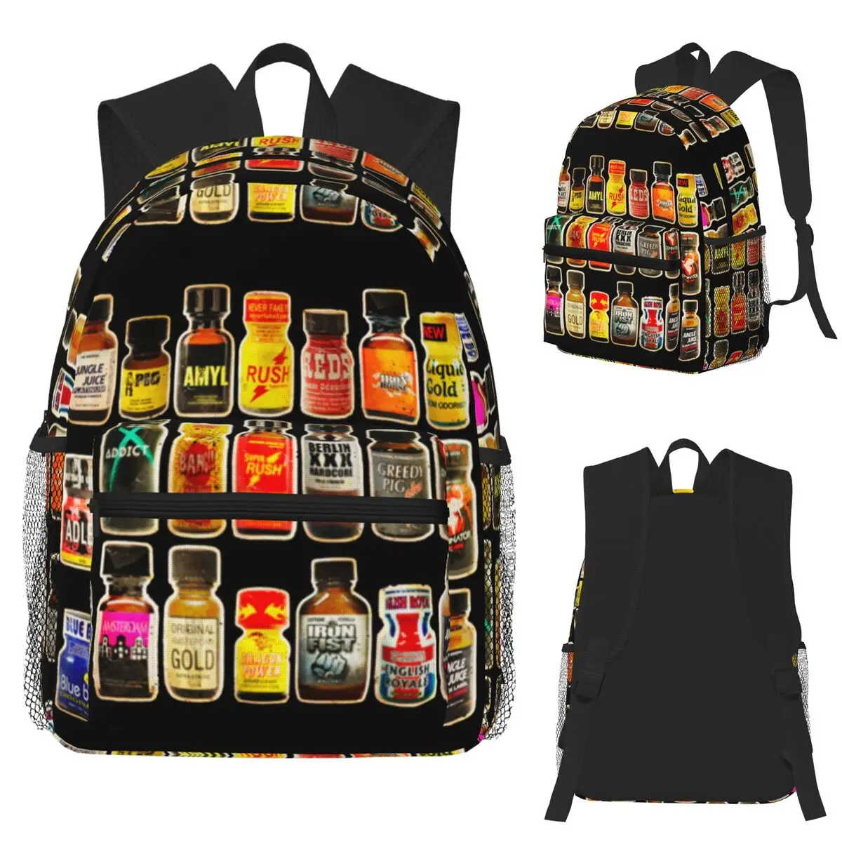 Poppers Bottles Gay Rush Jungle Juice Amyl Inhaler Student Backpack School Bag Hiking Travel Daypack for Men Women Bookbag