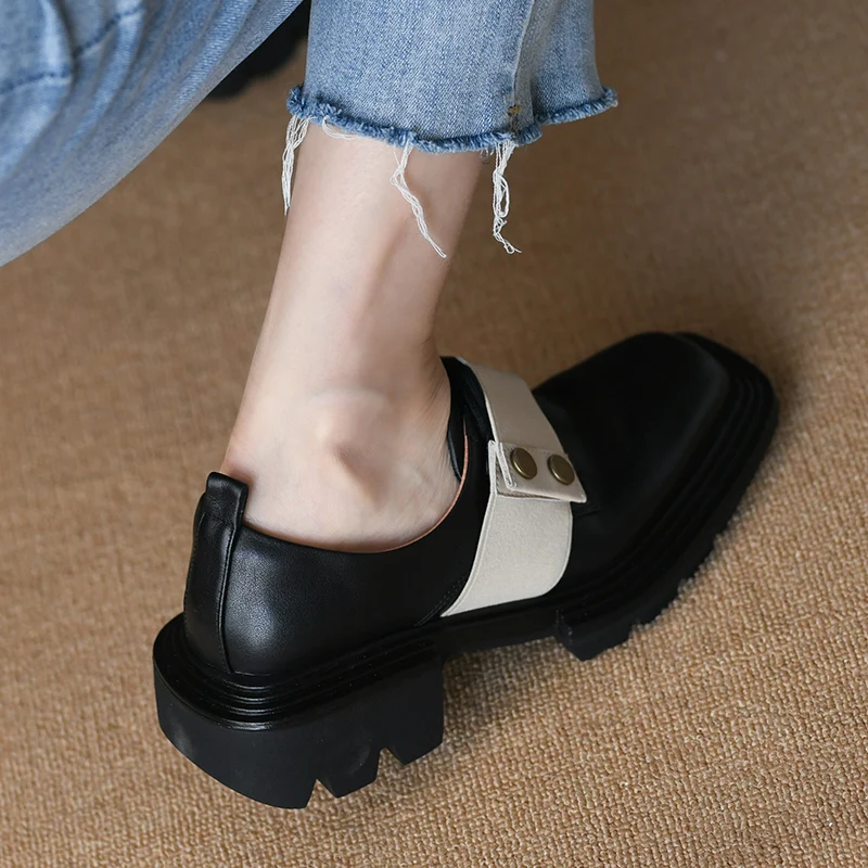 

Spring Autumn Cowhide Med Heel Loafers Woman Platform Shoes Thick Sole Dress Prom Career Shoes Square Toe Leather Women Shoes