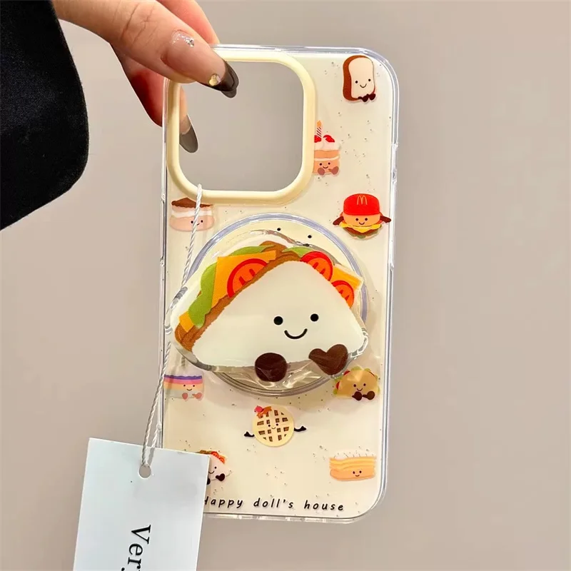 Cute Cartoon Burger Cake sandwich Magsafe Wireless Charge Case For iPhone 13 14 15 16 Pro Max Burger Sandwich Magnetic Holder