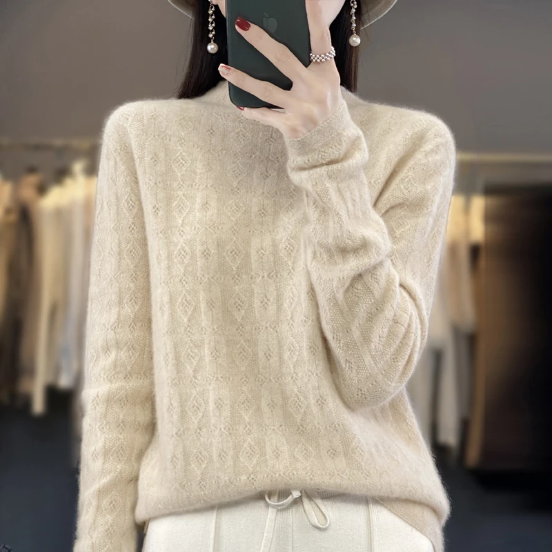 

Women New 100% Merino Wool Tops Sweater Mock Neck Long Sleeve Pullover Autumn Winter Clothing Jacquard Weave Hollow Knitwear