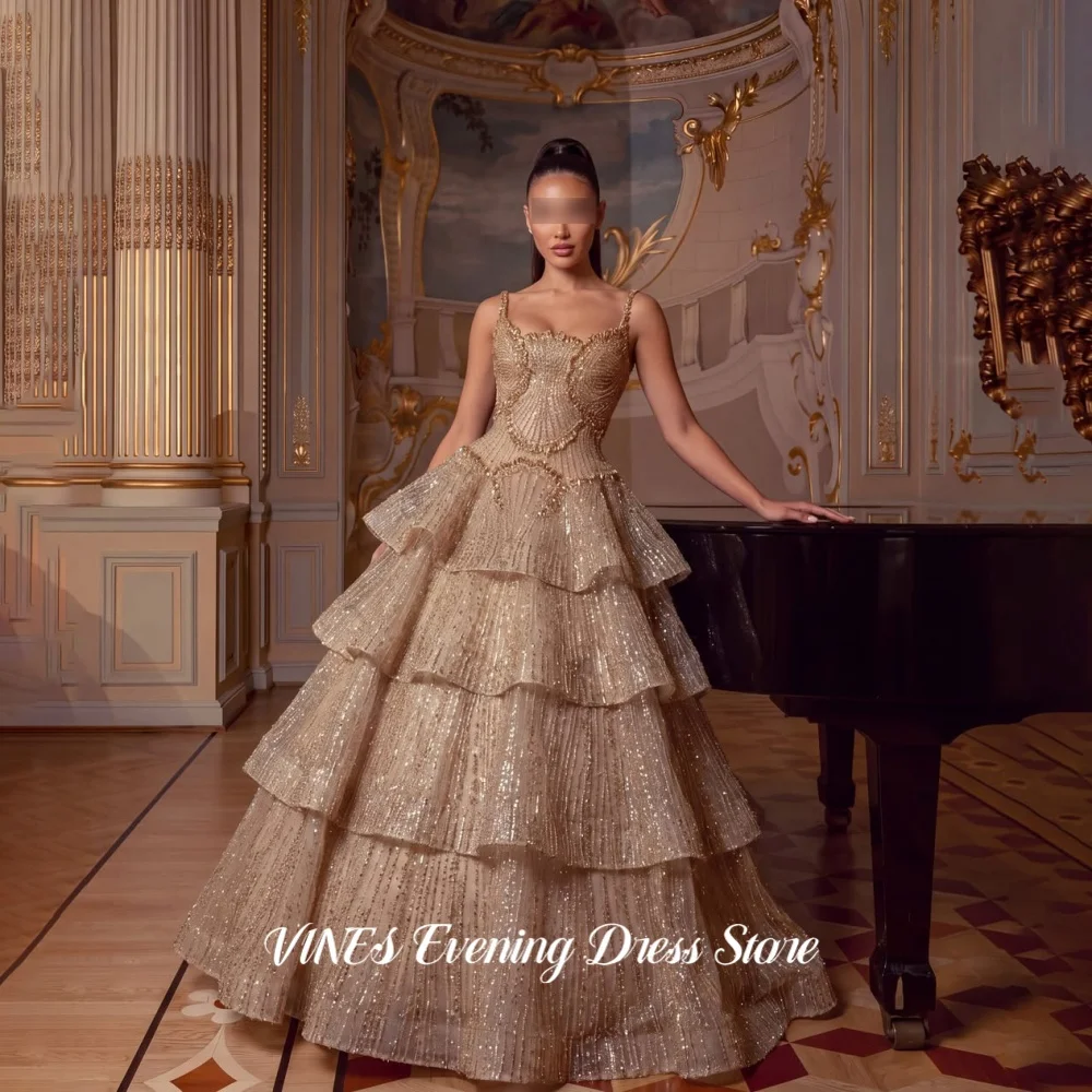 VINES Luxury Elegant Champagne Sequin Prom Dresses Embroidered Evening Gown Spaghetti Straps Beaded Long Party Dress Customized