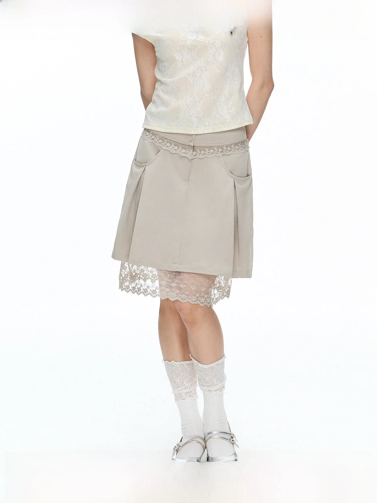 YUPH Original College Style Lace Patchwork  Skirt Women's Fashionable A-Line Short Skirt Khaki Half-length Skirt
