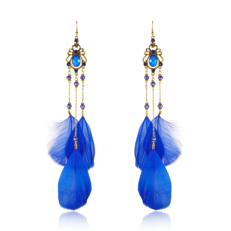Neue Böhmische Kristall Kupfer Kette Feder Lange Tropfen Ohrringe für Frauen Retro Gypsy Ethnische Temperament Gold Farbe Schmuck Geschenk – Detail 11