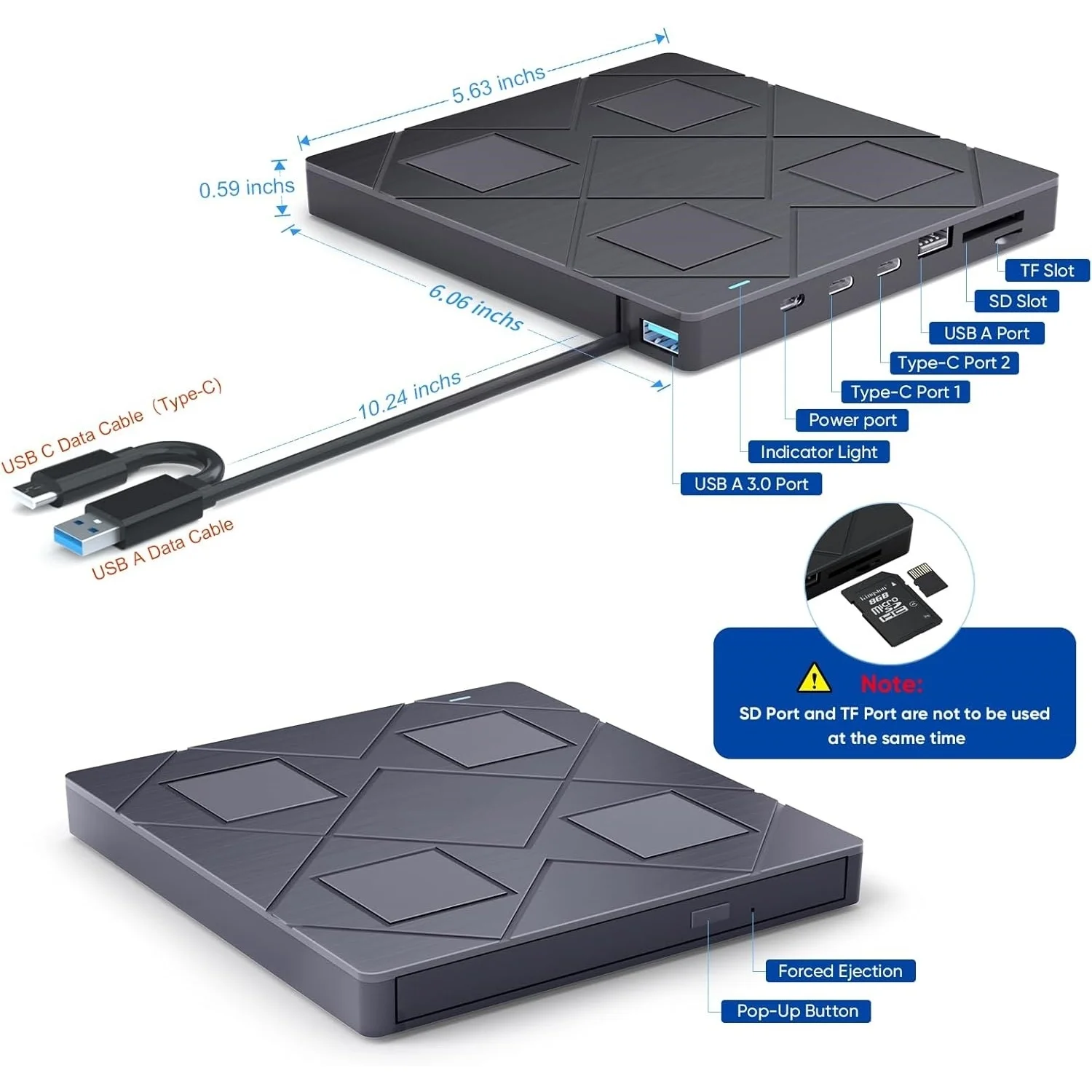 محرك أقراص CD/DVD خارجي مزود بمنفذي USB و2 منفذ من النوع c وفتحات لبطاقة TF/SD مشغل ناسخ أقراص CD DVD المحمول لأجهزة الكمبيوتر المكتبية