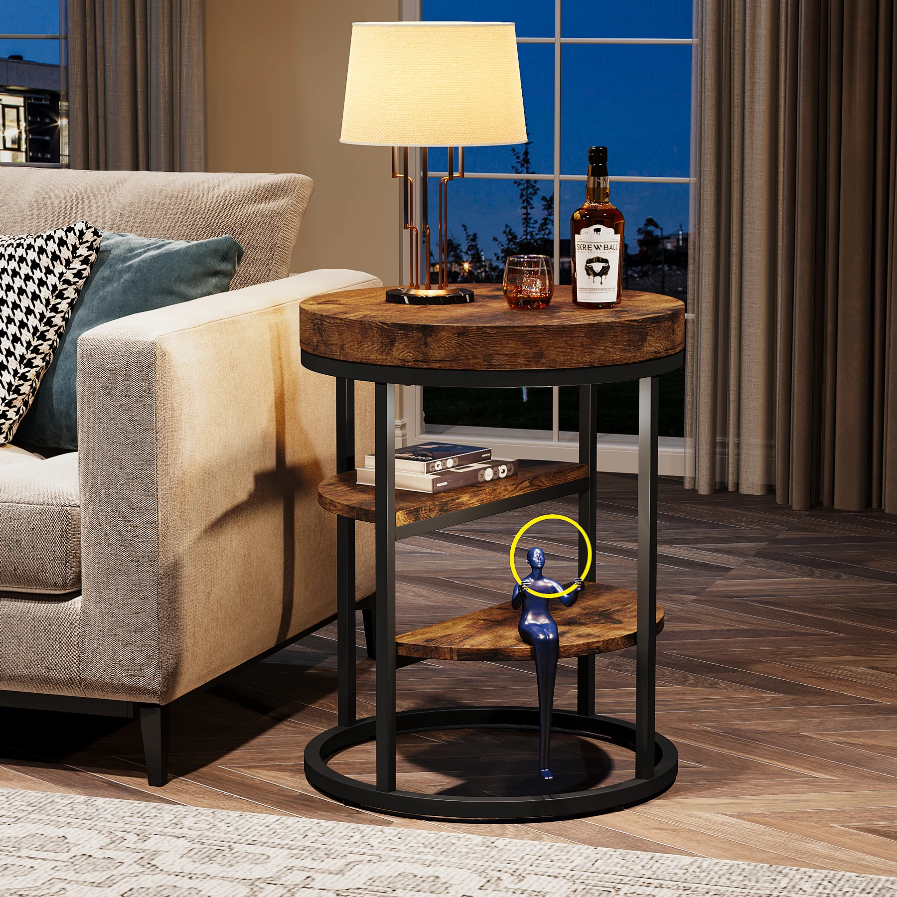 Tribesigns Round End Table, Small End Table with 3 Storage Shelves, Wood Side Table for Small Spaces, Industrial Sofa Table image 4