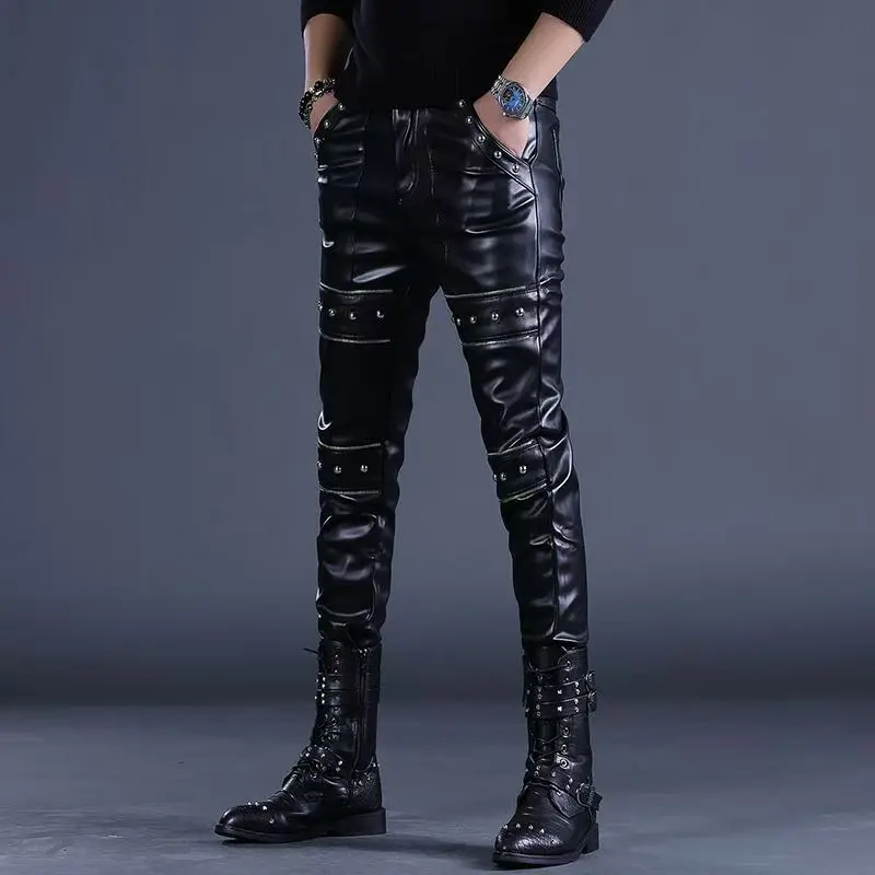 

Autumn Winter Men's Leather Pants Skinny Fit Elastic Fashion PU Leather Biker's Trousers Nightclub Party & Dance Pants