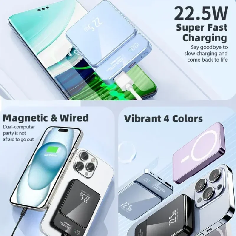 Power Bank 2 in1 30000mAh Magnetic Qi Wireless Charger Power Bank 22.5W Mini Powerbank For iPhone Samsung Huawei Fast Charging