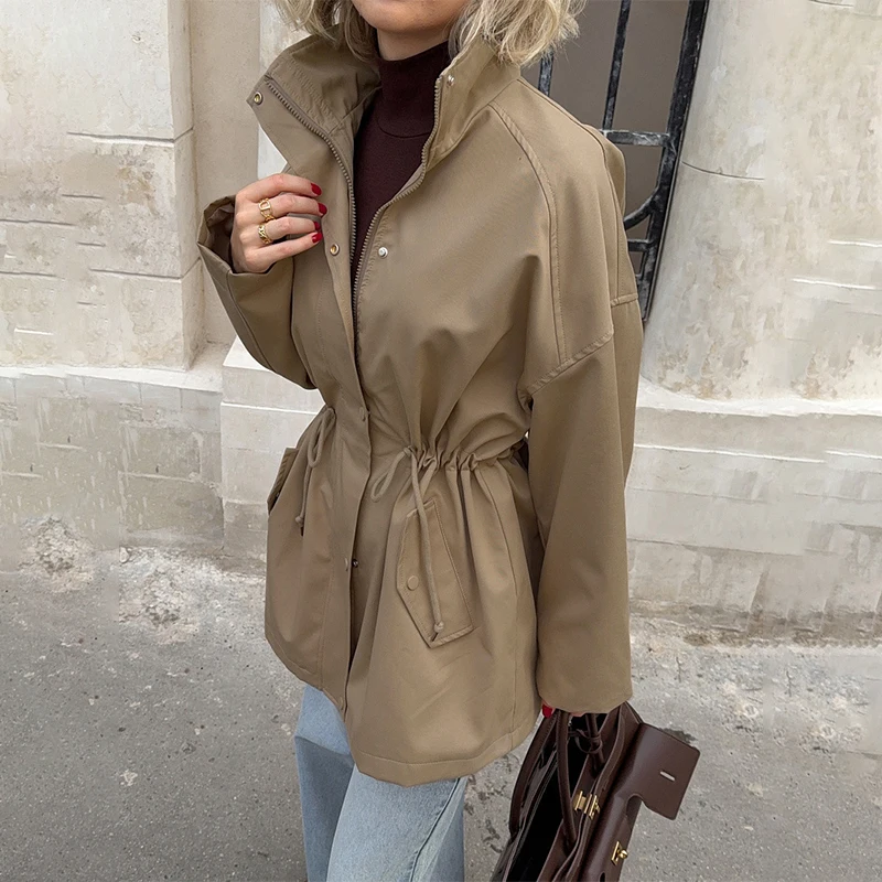 

Женский тренч TARUXY с воротником-стойкой средней длины, осенняя новинка, куртка с завязками на талии, модное пальто для повседневной носки