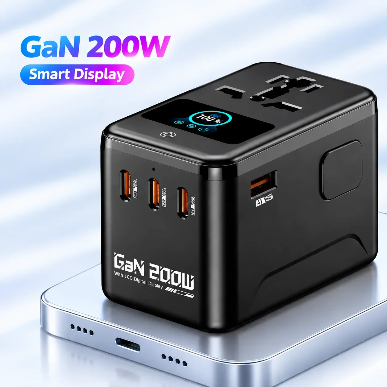PD200W GaN Travel Adapter Multifunctional Universal Conversion Socket With Animated Digital LCD Display Screen Fast Charger Plug