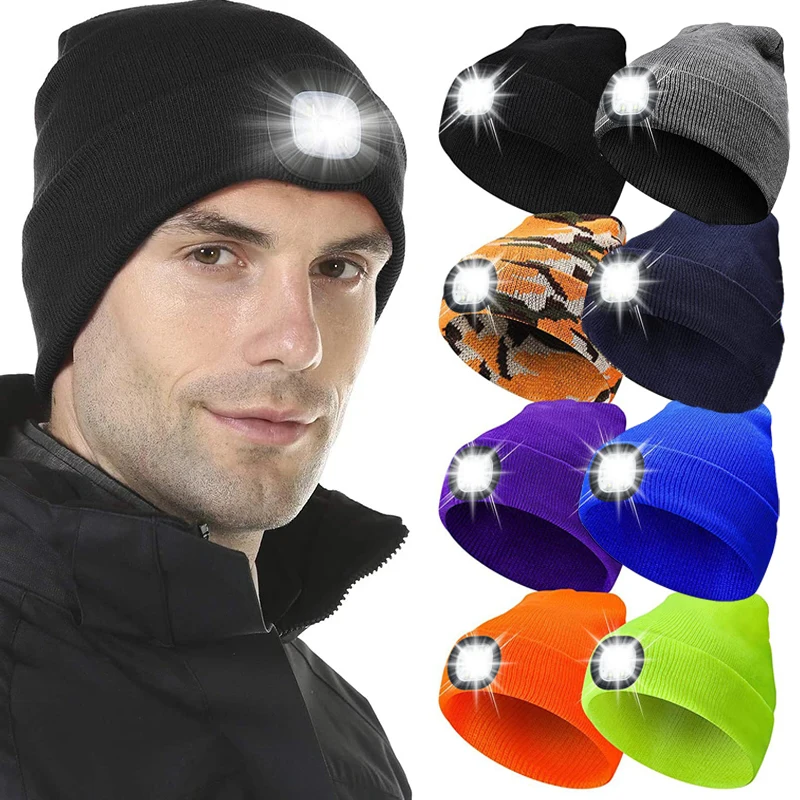 LED Lighted Beanie Cap Unisex Led Light Knitted Hat Winter Warm Hats Night Sports Hiking Running Camping Glow Cap with Head Lamp