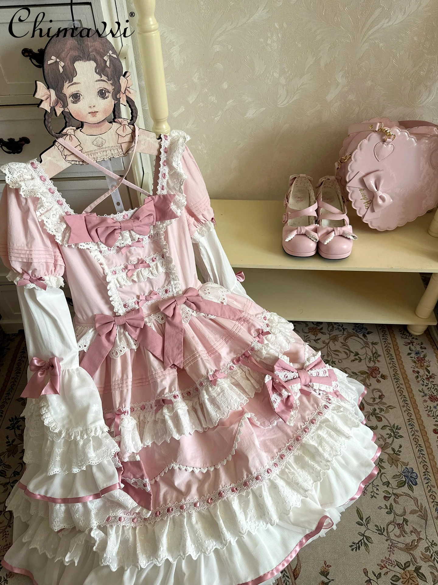 Robe Lolita rose à manches évasées pour filles et femmes, avec nœud mignon, Slim, courte, bouffante, robes de princesse pour fête d'anniversaire, nouvelle collection originale