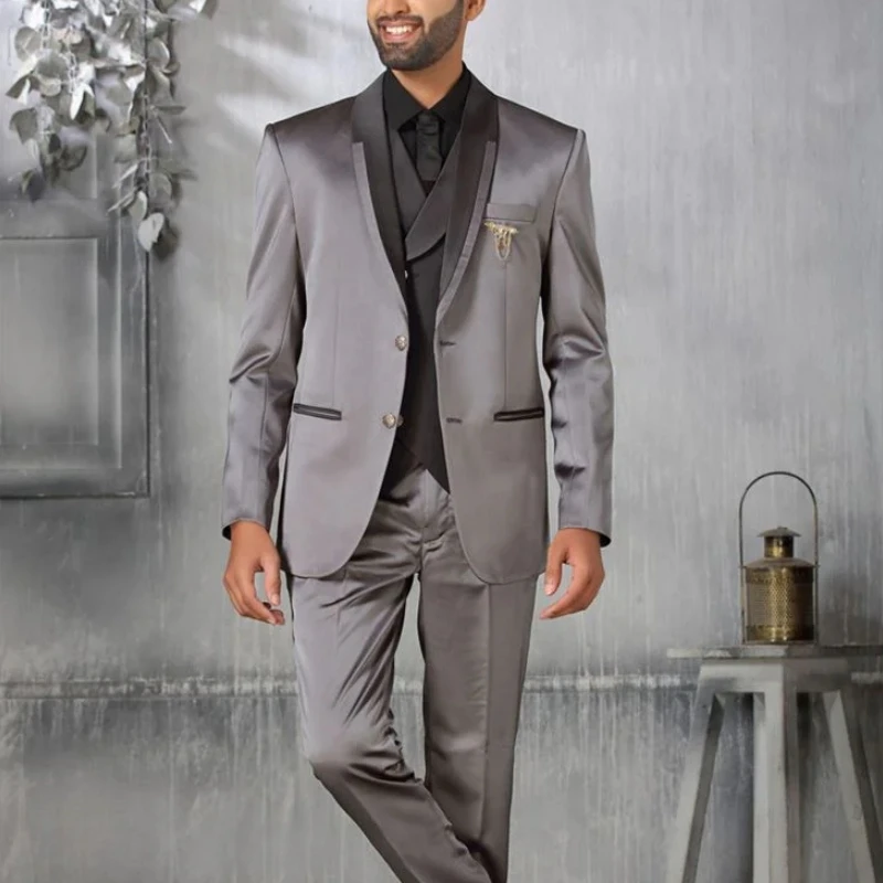 Lansboter Gray Men Suit 3 Pieces With Lapel Single Button For Wedding Banquet Birthday Party Business Jacket Black Vest Pants