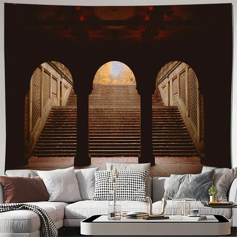 Triple Arched Staircase with Autumn Trees in Background Tapestry Machine Washable All Season Decor Home Living Room Bedroom Wall