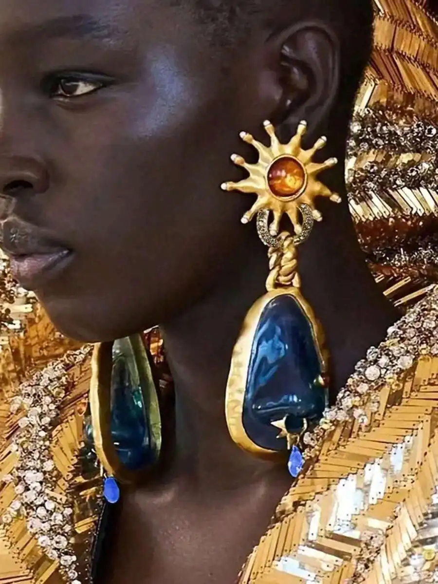 

Vintage Punk Sun And Teardrop Drop Earrings With Rhinestones For Women