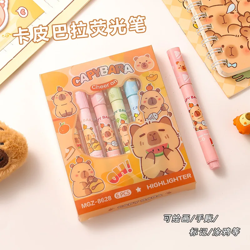 6Pcs Kapibara Highlighter Cartoon Capybara High-Value Eye Protection Colorful Journal Pen Student Highlight Marker Pen