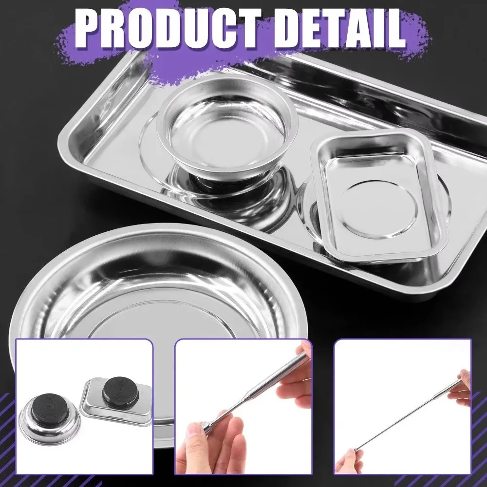 Stainless Steel Magnetic Parts Tray Soft Rubber Base Round Shape Parts Bowl Rectangular Shape Magnetic Base Tool Organizer