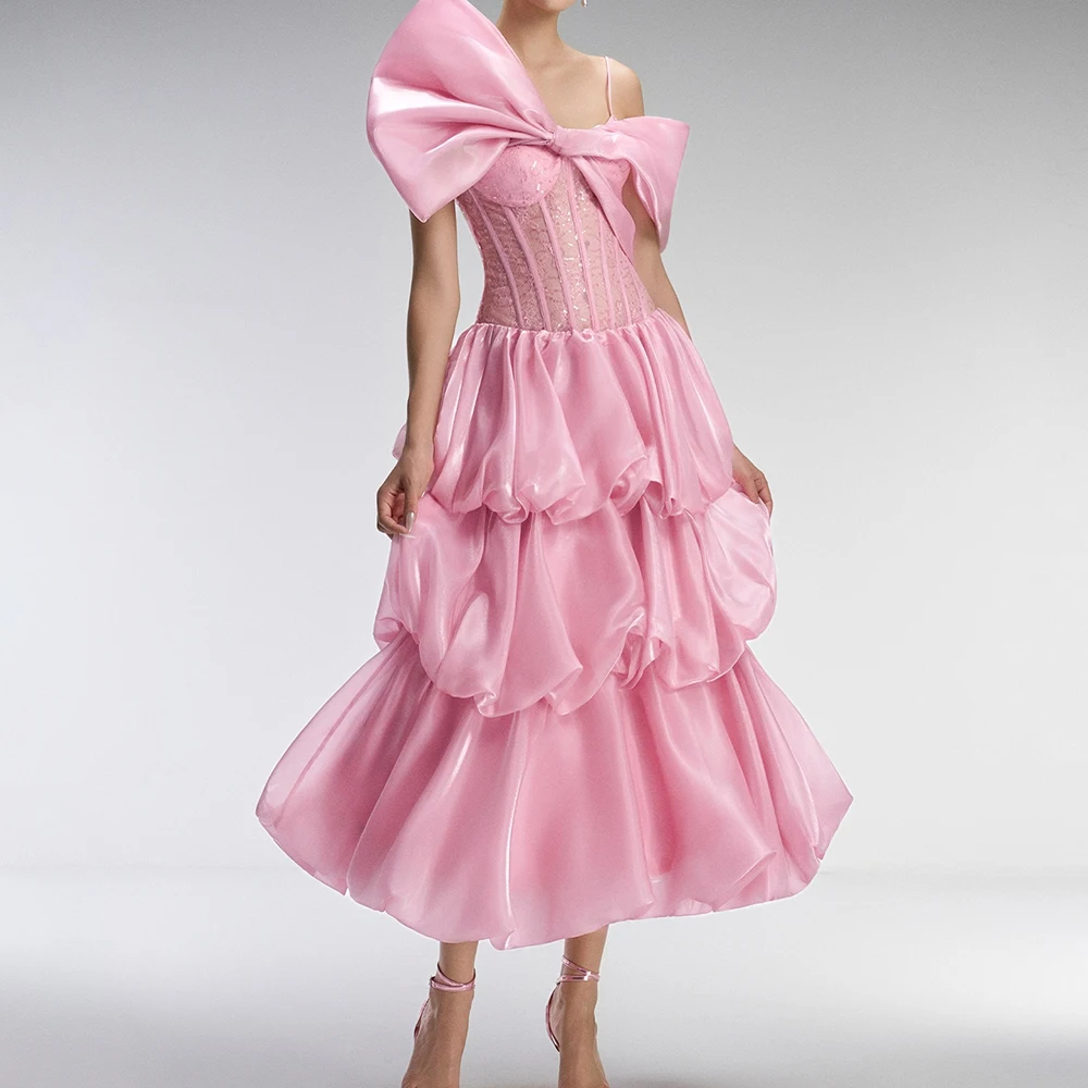 

Customized A-line Evening Dresses Tea-length Spaghetti Strap Sleeveless Prom Gown Fashion Lace Sequined Simple Draped Party Gown