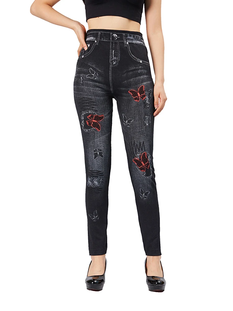 YSDNCHI High Stretch Women Yoga Leggings Sexy Red Butterfly Print Female Black Fake Jeans Slim Fit Faux Denim Pencil Pants