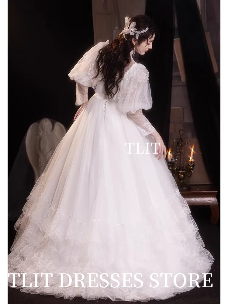 TLIT Luxurious Lace A-Line Tiered Wedding Dresses Customized Korea Wedding Dress Photoshoot Strapless O-Neck Bridal Gowns