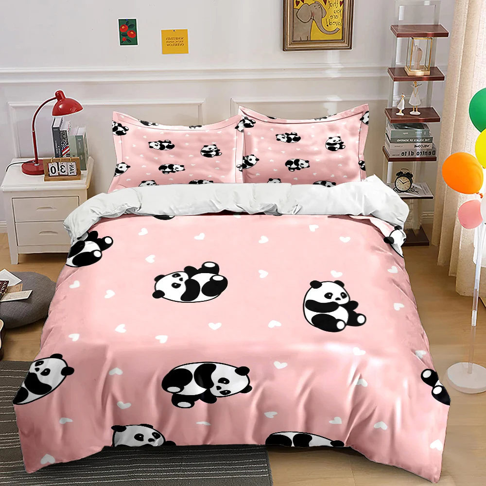 Cute pandas on pink background Print Bedding Set 1 Duvet Cover 2 Pillowcases for Adult and Children Luxury Gift Full Size