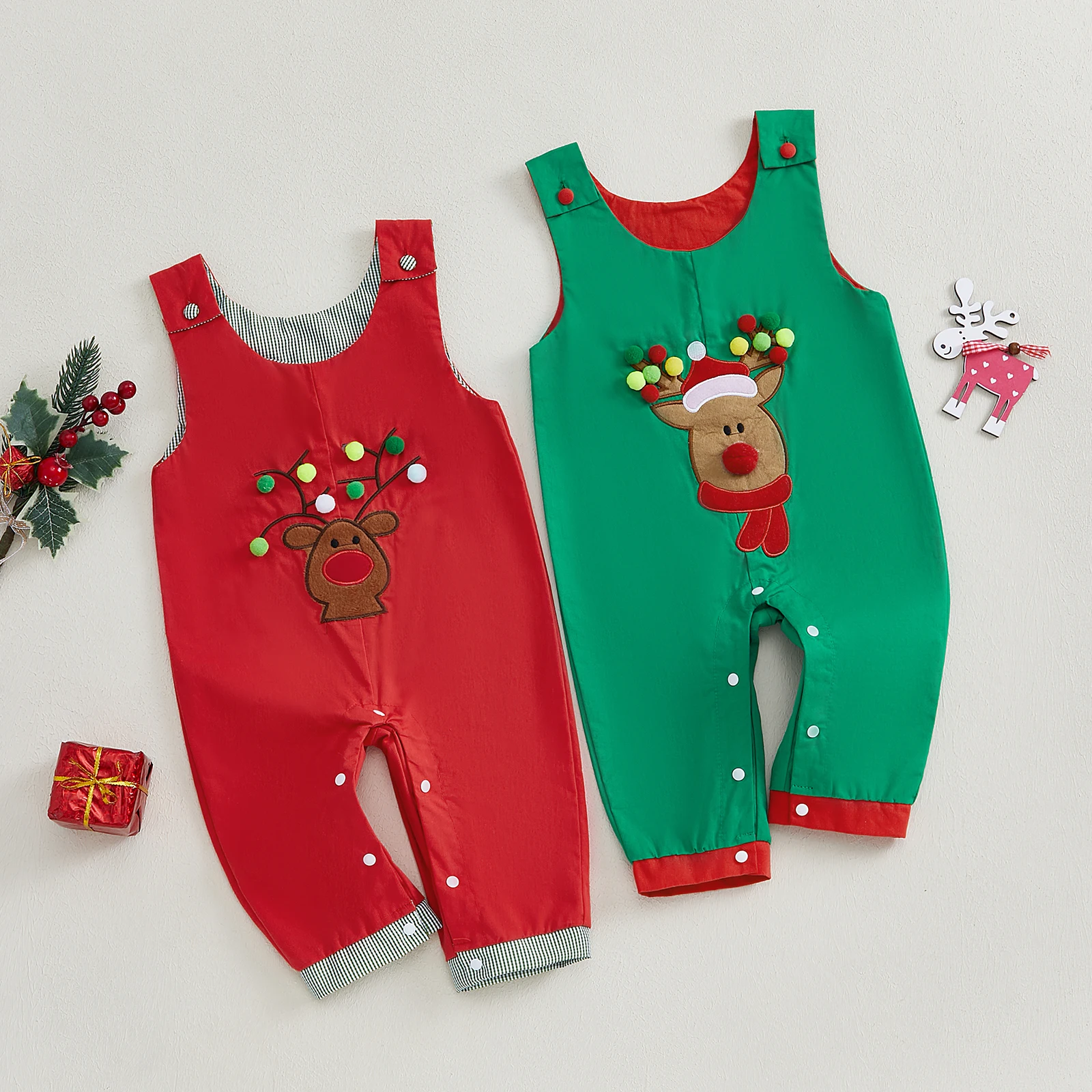 Baby Christmas Overalls Plaid Reindeer Embroidered 3D Ball Long Sleeve Contrast Color Jumpsuit