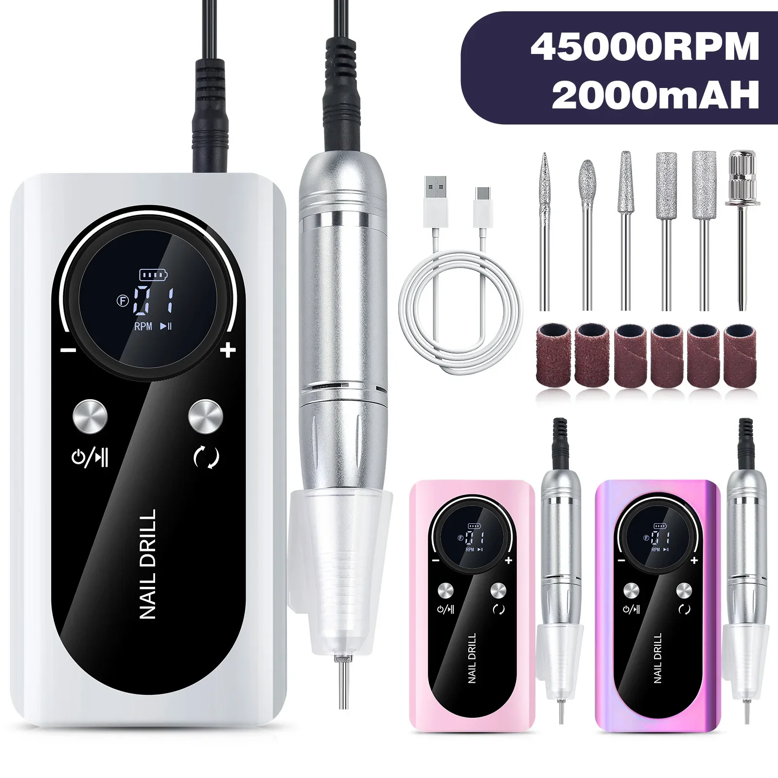 

45000RPM Rechargeable Nail Drill Machine withLow Noise Professional Nail Polish Sander Nails Accessories Set