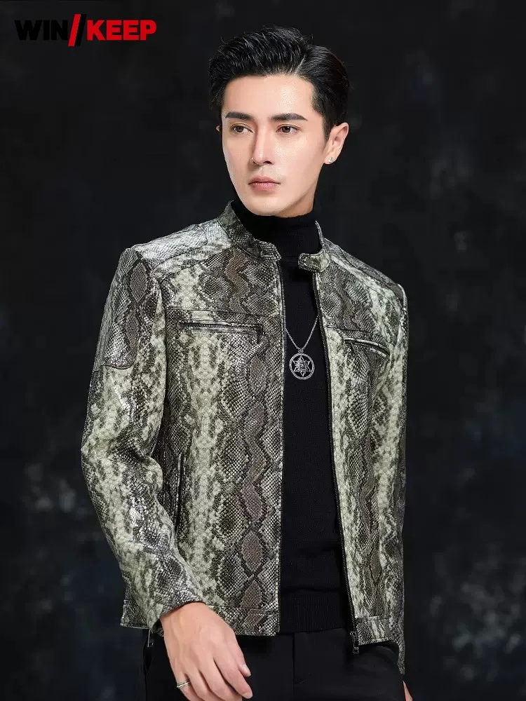 Spring Men Snake Pattern Sheepskin Genuine Leather Jacket Slim Fit Stand Collar Moto Biker Coat Business Casual Work Jacket 4XL